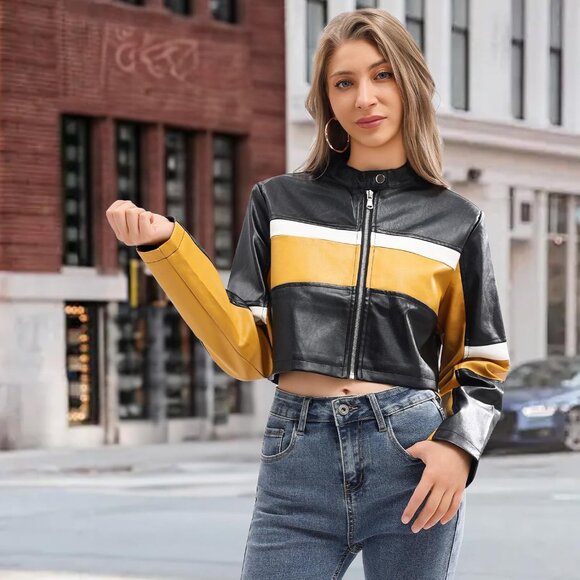 Women Cropped Faux Leather Jacket Moto Biker Bomber Jackets Zip Up Black Yellow - Picture 2 of 7